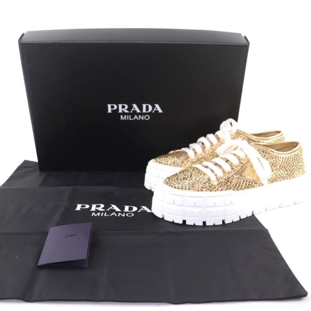 Prada Double Wheel Triangle Logo with Rhinestone Leather Low Cut Sneakers Gold - Picture 2 of 11
